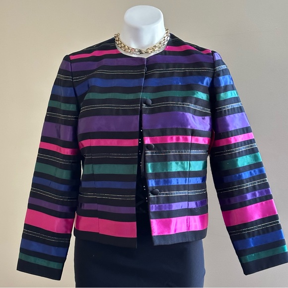 Talbots Ribbon Black Stripes Blazer Gold Trim 4 button 1st Button Is lose SZ 6P - Picture 1 of 11